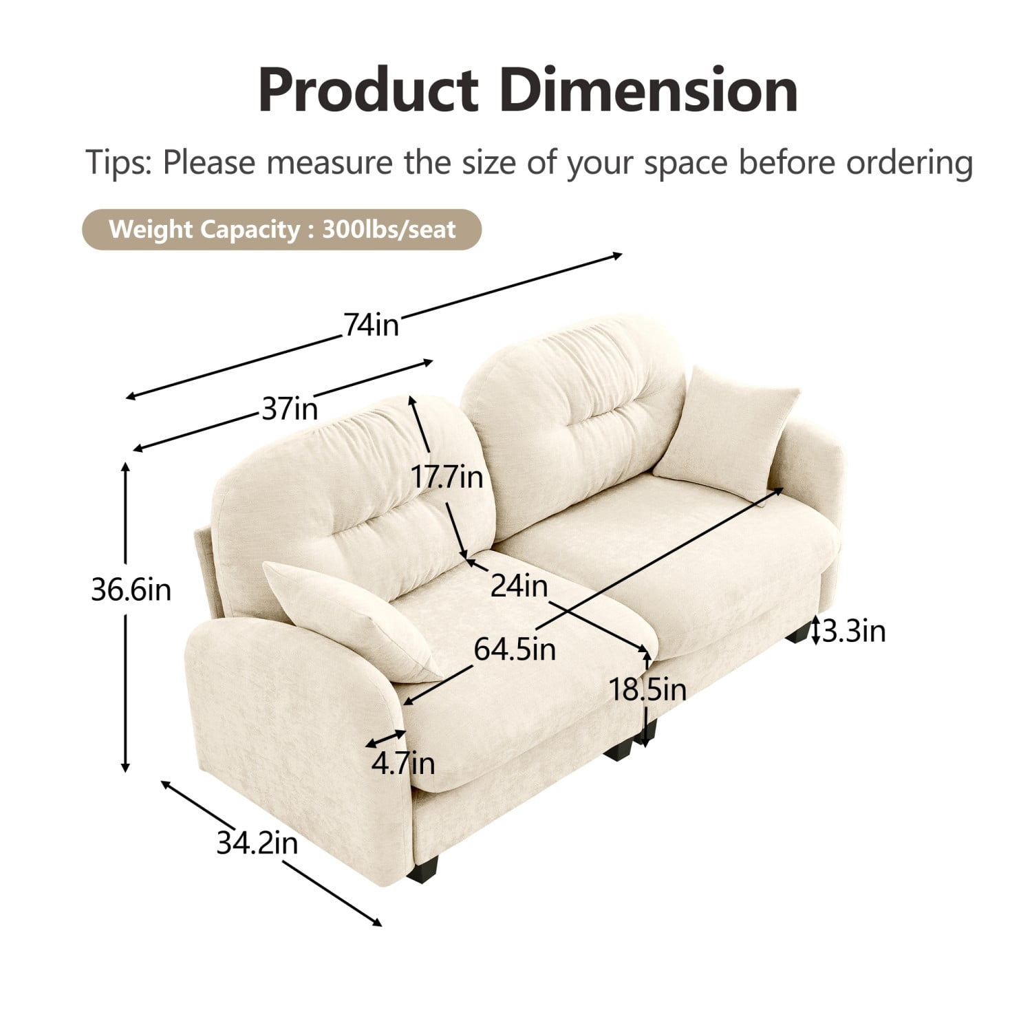 Modular Sectional Sofa Cloud Couch Loveseat Chenille Fabric Tufted Sofa Ergonomic 2-Seater Couch with Wooden Base for Living Room, Apartment, Beige