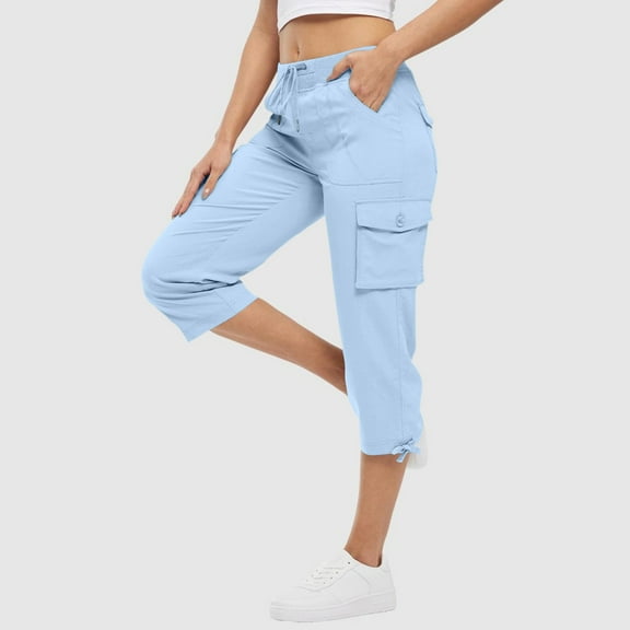 FAIWAD Cargo Capris for Women Elastic Waist Lightweight Quick Dry Pants with Pockets Casual Dressy Drawstring Trousers