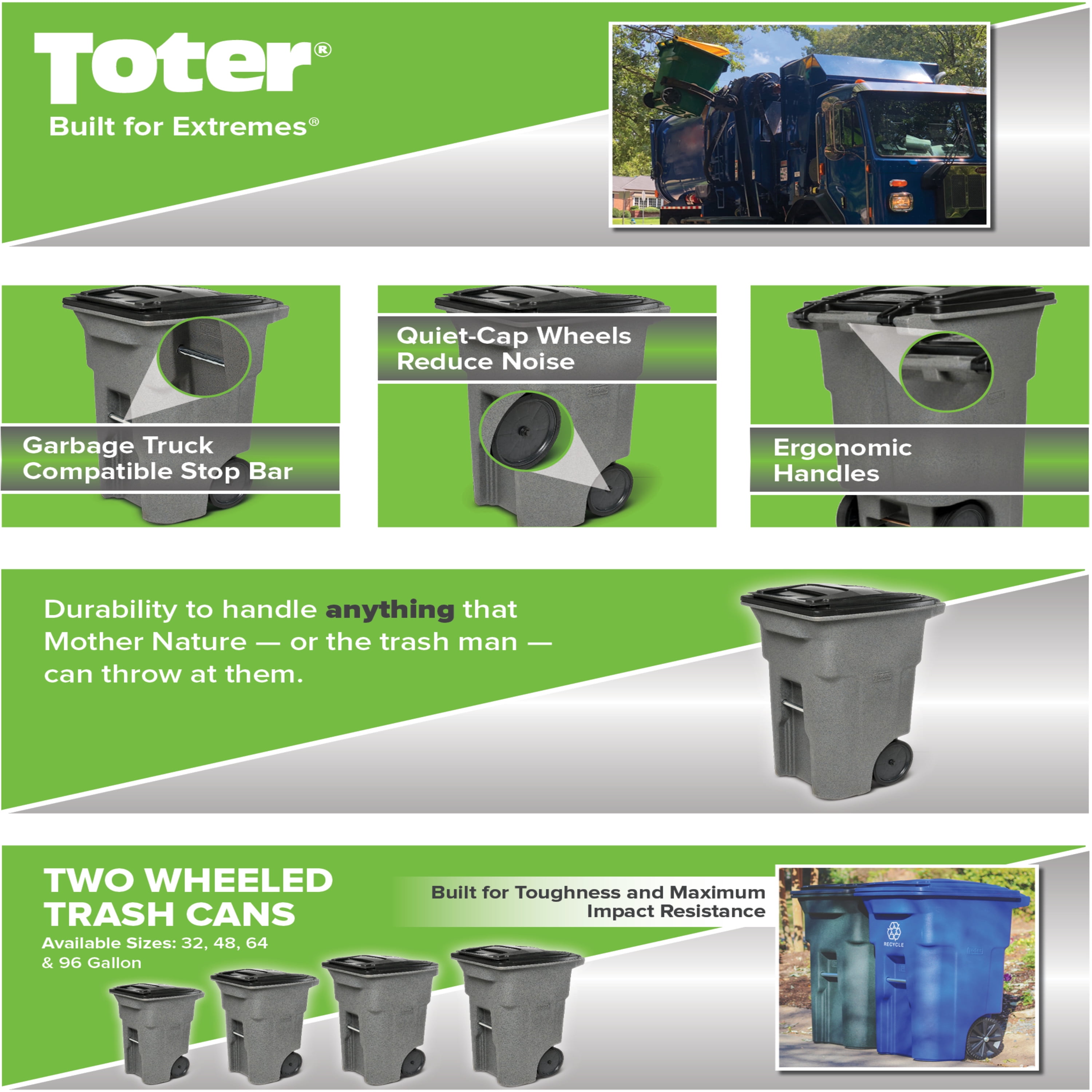 Toter 64 Gal. Trash Can Brownstone with Quiet Wheels and Lid