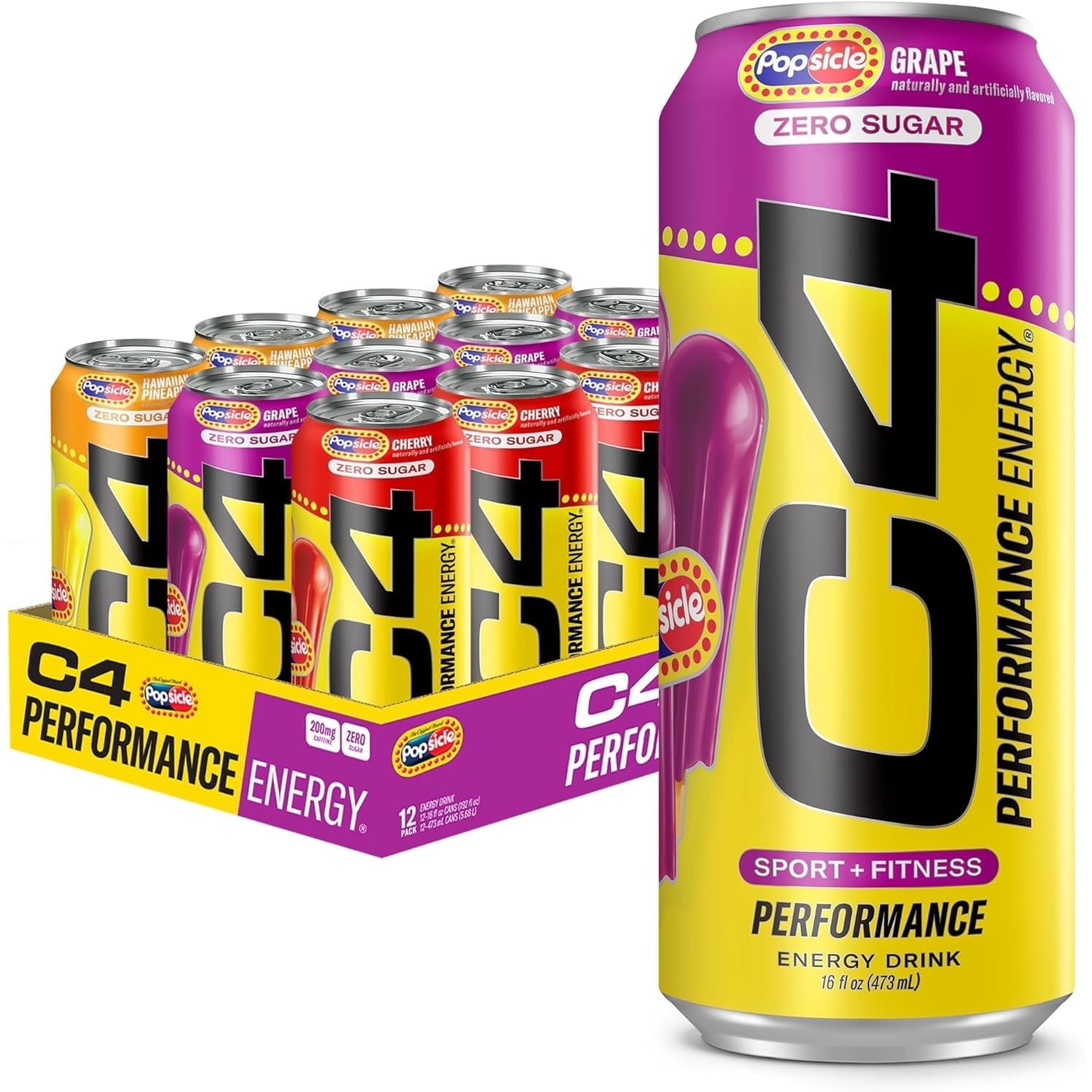 C4 Performance Energy Drink, Popsicle Variety Pack Flavor, Zero Sugar, Carbonated, 16 fl oz Can, 12 Pack