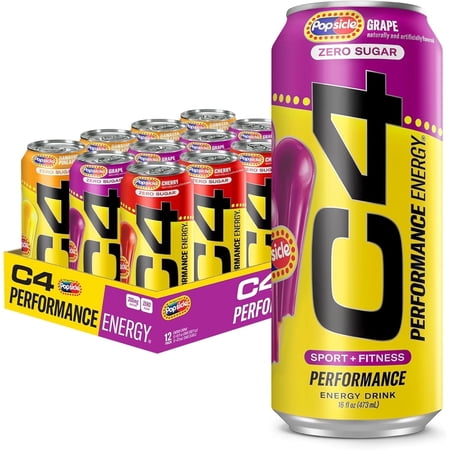 C4 Performance Energy Drink, Popsicle Variety Pack Flavor, Zero Sugar, Carbonated, 16 fl oz Can, 12 Pack