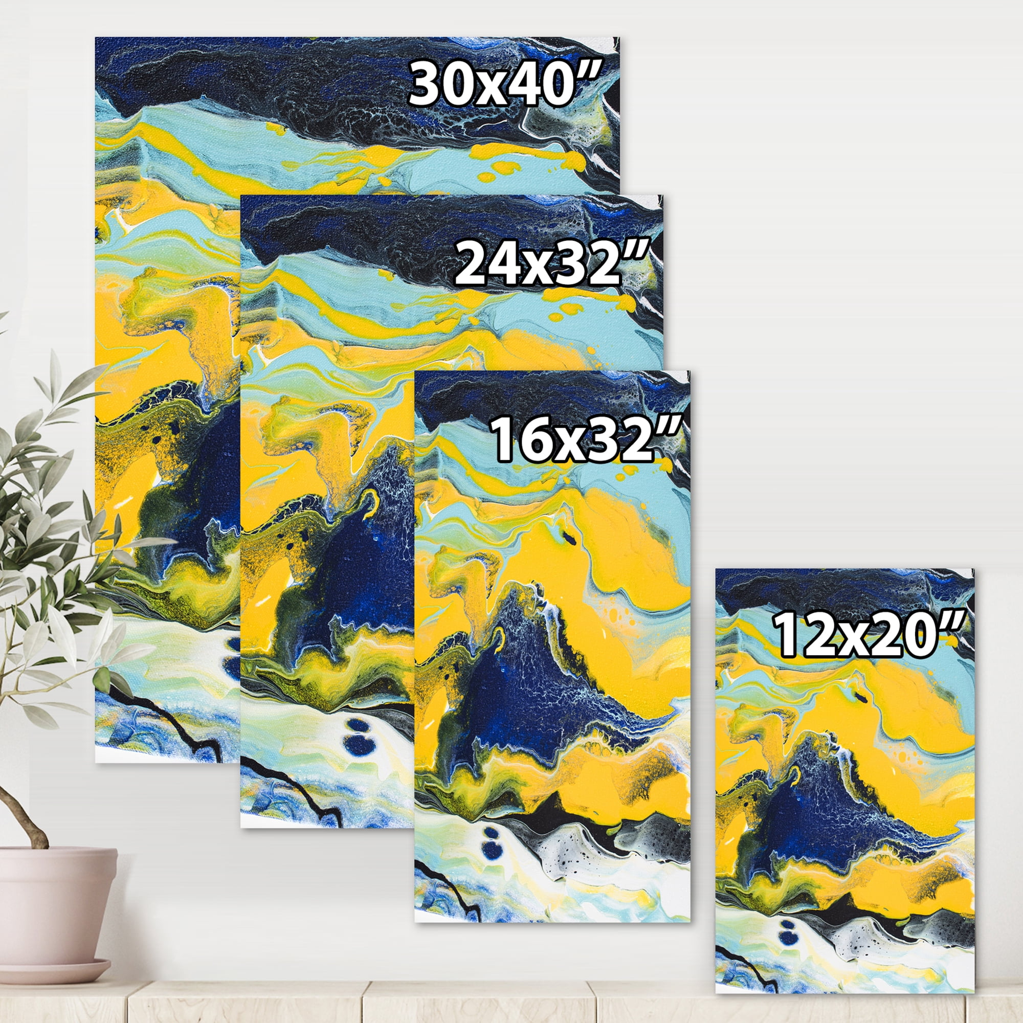 Designart ' Abstract Marble Composition In Blue and Yellow I ' Modern Canvas Wall Art Print