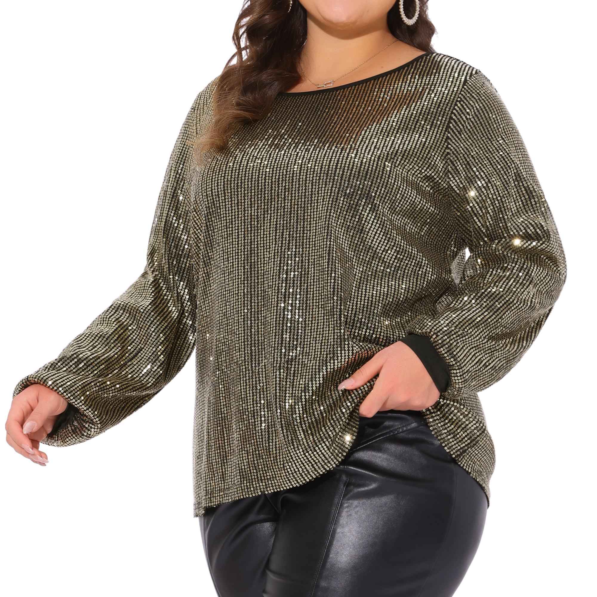 DARING DIVA Women's Plus Long Sleeve Glitter Sparkly Blouse 2X Gold