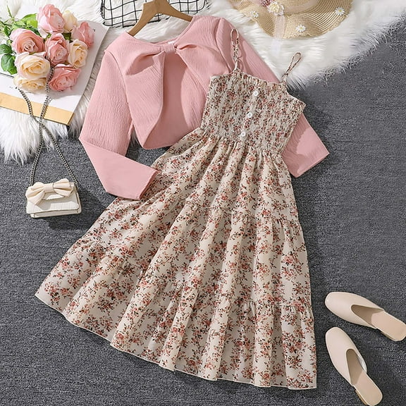 Placlothes Girls' Pink Two-Piece Set (Top Floral Cami Dress) - Soft Polyester, Bow Detail, Smocked Bodice, Size 8-13, Sweet Style for Casual/Birthday/School,Size 11-12T