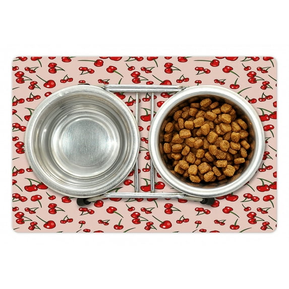 Cherry Pet Mat for Food and Water, Summer Pattern of Repeating Fruit in Irregular Order Scattered Layout, Non-Slip Rubber Mat for Dogs and Cats, 18" X 12", by Ambesonne