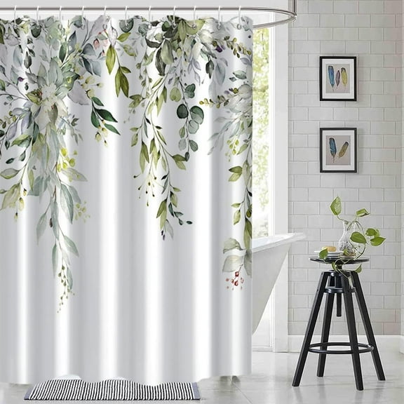 Sage Green Eucalyptus Shower Curtain, Spring Plant Leaves Shower Curtain Waterproof Fabric Watercolor Green and Gold Shower Curtain Set with Hooks, 72x72 Inch