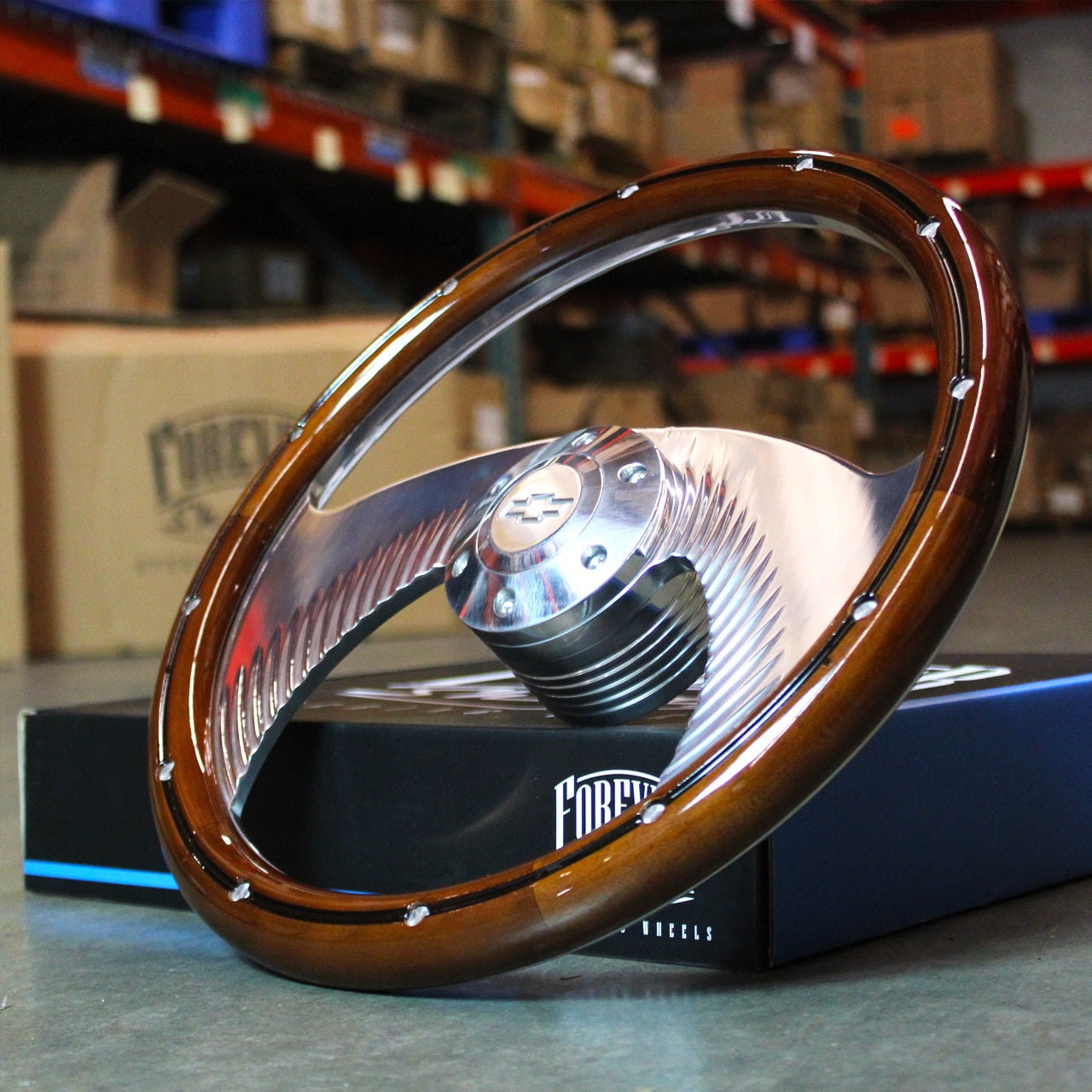 14" Inch Polished Wood Steering Wheel Chevy Horn, 6 Hole Domestic