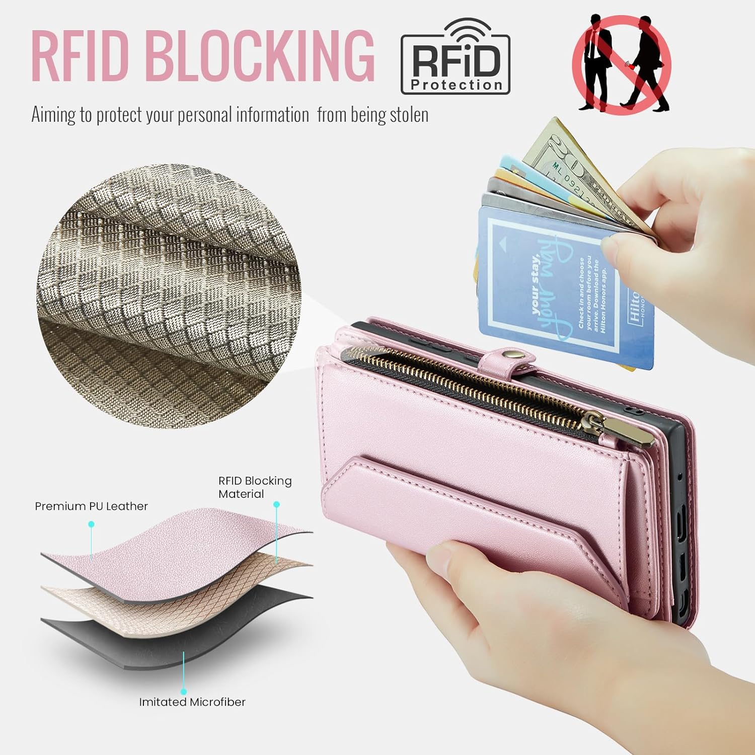 Phone Case for Samsung Galaxy Note 20 Ultra 5G Zipper Wallet Cover with Screen Protector Flip RFID Blocking Card Holder Cell Note20 Plus Notes 20Ultra Note20+ U + 20+ Twenty Not S20 Women Rose Gold