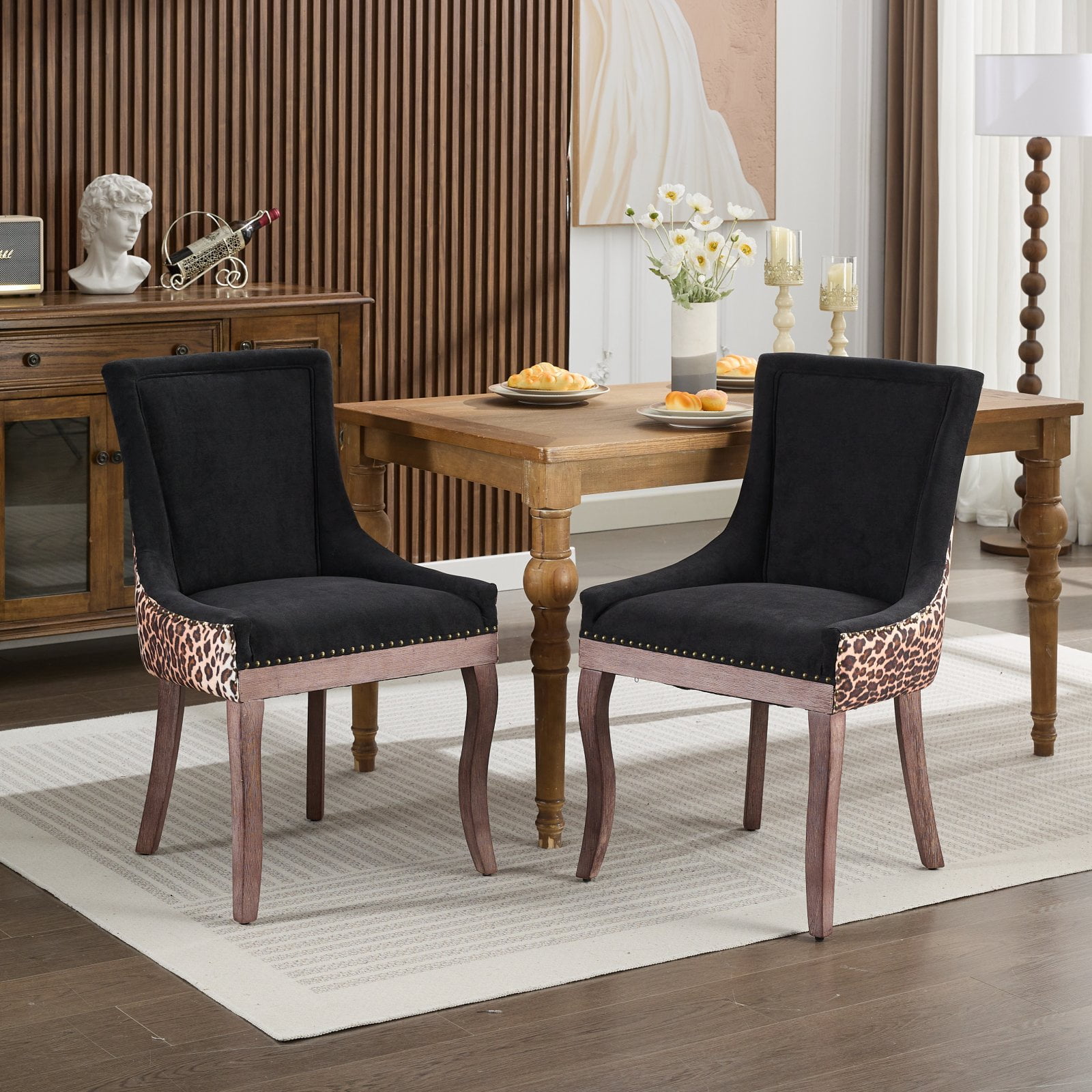 Gewnee Set of 2 Dining Chairs,Fabric Upholstered High Back Dining Chairs with Solid Wood Legs for Dining Room & Kitchen, Black Leopard Print