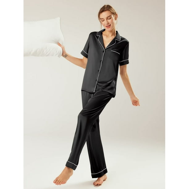 AW BRIDAL Women s Satin Pajama Set Wedding Pajamas 2 Piece Sleepwear Loungewear Button Down PJ Set Black M Walmart Business Supplies