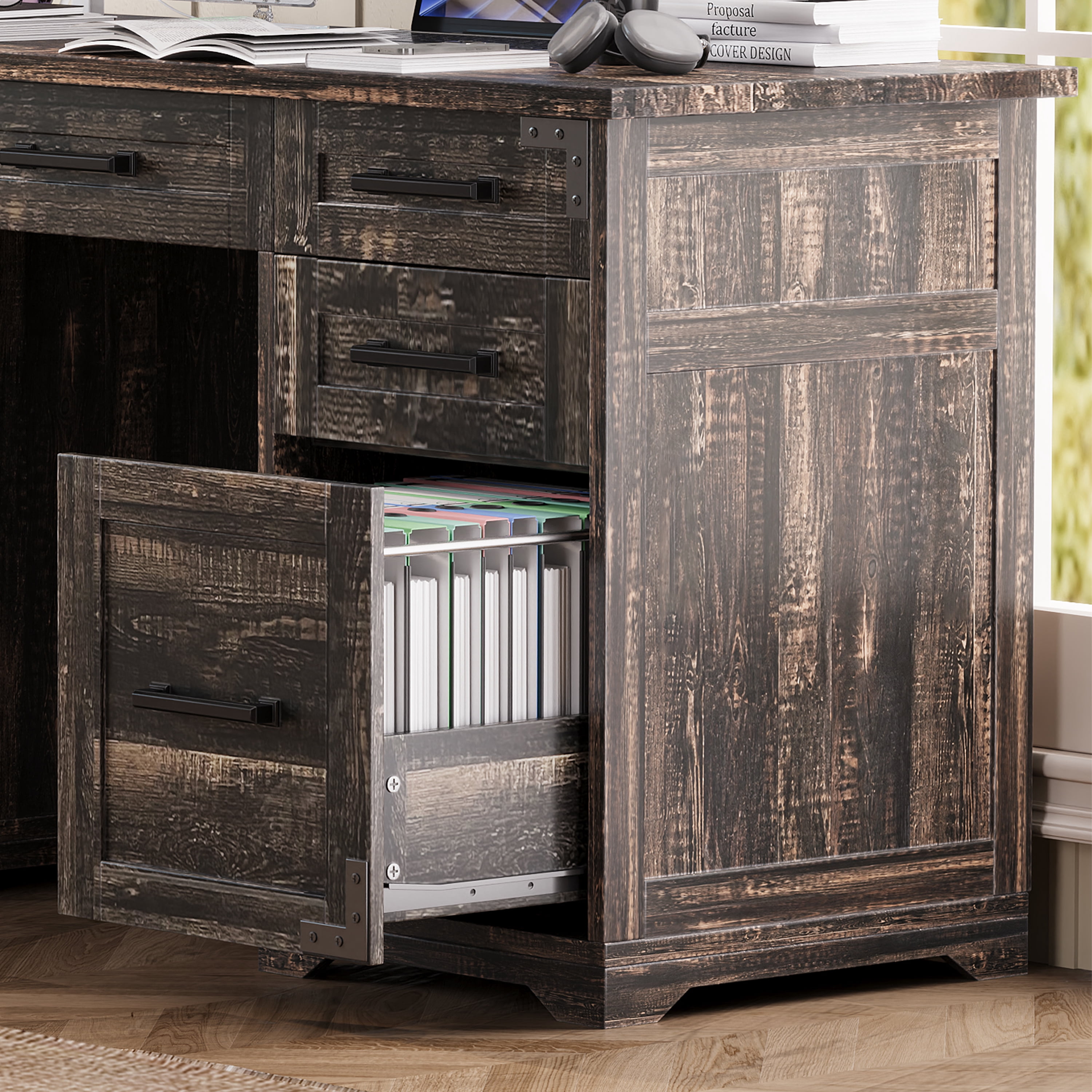 Aukfa 55" Farmhouse Executive Desk with Charging Station, Home Office Computer Desk with File Drawer & Storage Cabinet,Rustic Gray