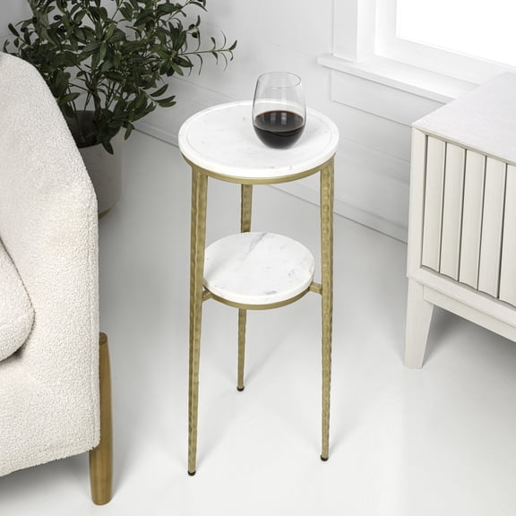 JONATHAN Y Seraphina 24.75" Industrial 2-Tier Metal Frame Drink Table and Decorative End Table with White Marble Round Top, Gold/White, END3004B