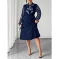 thumbnail image 6 of Navy Blue Plus Size Womens Elegant Long Sleeve Striped Tie-Neck Flared A-Line Dress For Autumn Winter Outings, 6 of 8