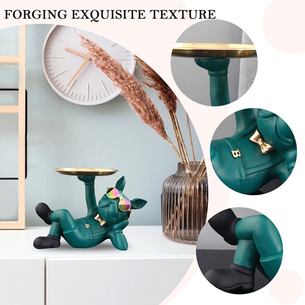 Estatua De Bandeja De Escritorio Estatua de resina para perro, 1 bandeja de metal, adorno de perro Bulldog fresco para regalo (verde) Libre de BPA