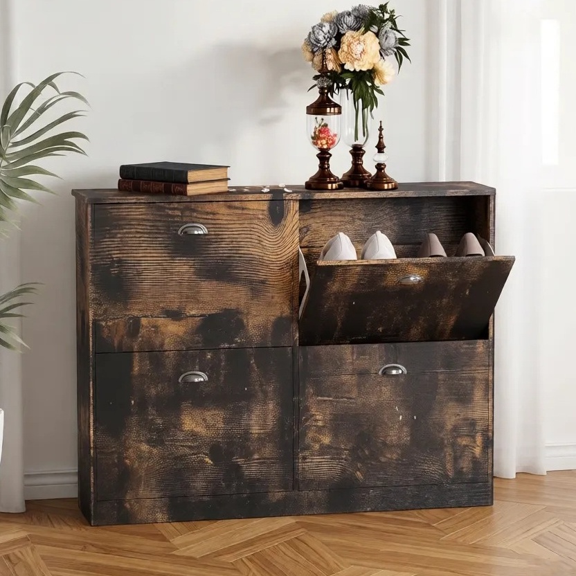 Aukfa 40.3" Slim Narrow Shoe Cabinet with Drawers for Entryway,Entryway Shoe Organizer w/Adjustable Shelves,Brown