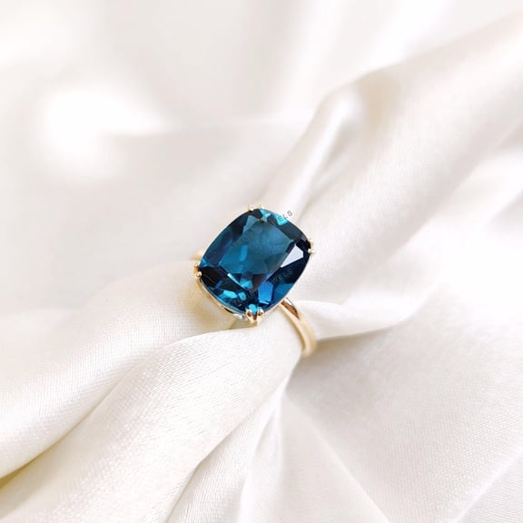 Natural London Blue Topaz Ring, 14K Solid Yellow Gold Ring, Cushion Cut Topaz Ring, December Birthstone Ring, Wedding Ring, Christmas Gift