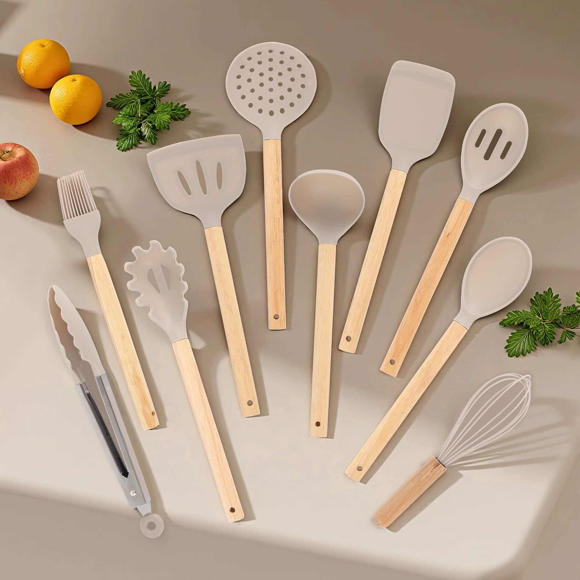 HEESEM 23 PCS Silicone Utensils Kitchenware Set with Removable Knife Cover, Non-Stick Heat Resistan Tools-Khaki