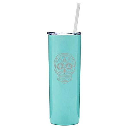 

20 oz Skinny Tall Tumbler Stainless Steel Vacuum Insulated Travel Mug With Straw Sugar Candy Skull (Light Blue)