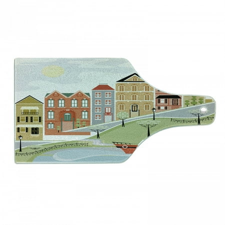 

Cityscape Cutting Board Quaint Village Street and Colorful Building by River Cartoon Illustration Print Tempered Glass Cutting and Serving Board Wine Bottle Shape Green Teal by Ambesonne