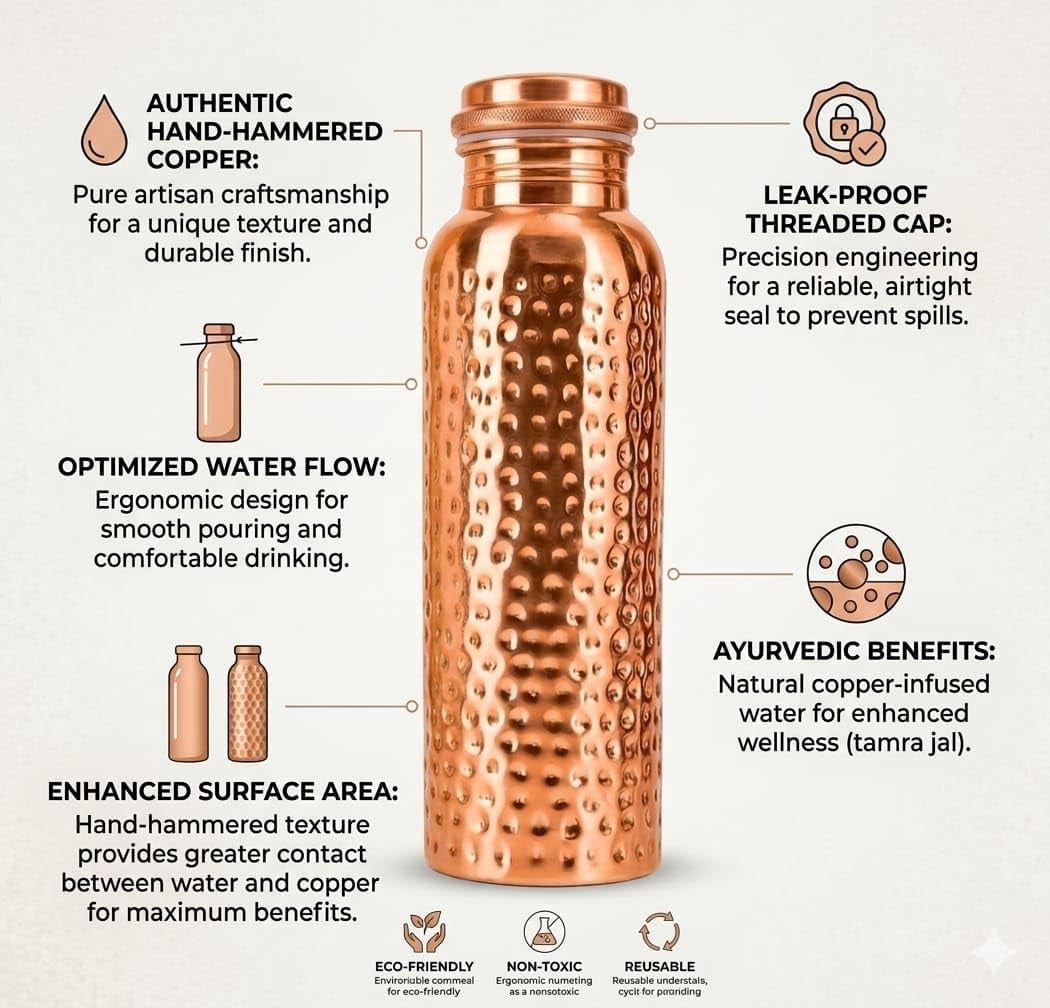 ARNCRAFT 100% Pure Copper Bottle (34oz) Handcrafted hammered finish Water Bottle leak proof and lab tested Perfect for gym travel office gifting (1005ml)