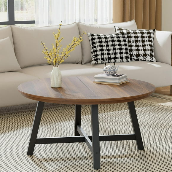 EDTara 36" Round Coffee Table, Large Black Center Table with Wood Grain Top, Thickened Legs & Adjustable Feet, Easy Assembly for Living Room