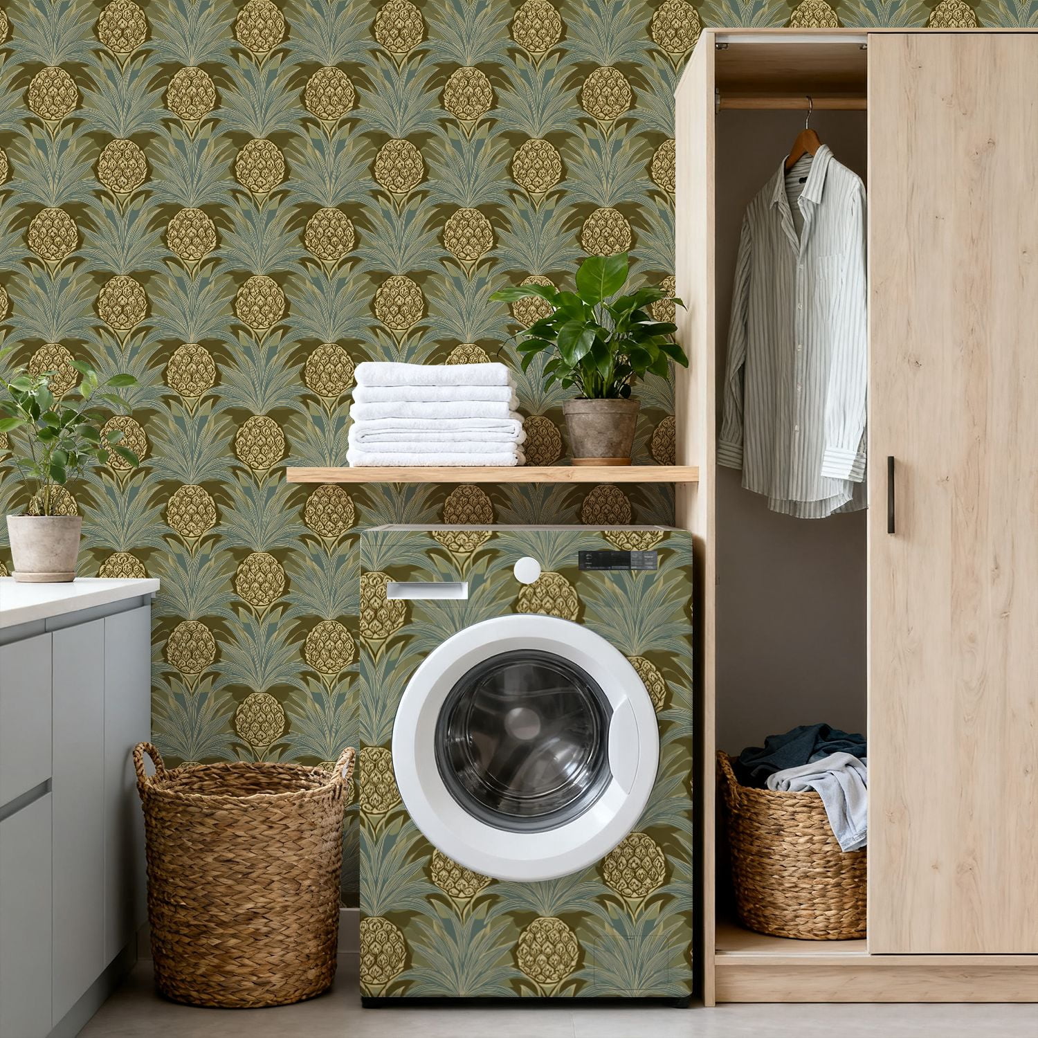 Peel and Stick Wallpaper Pineapple Tropical Botanical Olive Green Blue Wall Mural 17.7in x 9.8ft Self Adhesive Removable Wall Paper Renter Friendly Wallpaper for Nursery Bedroom Cabinets