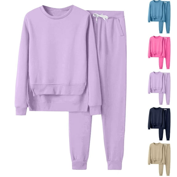 YUGYXL Sweatsuits for Women 2 Piece Fashion Solid Color Thin Fleece Set Casual High Low Hem Side Split Crew-Neck Pullover and Sweatpants Outfits Gift for Mom Blue,S