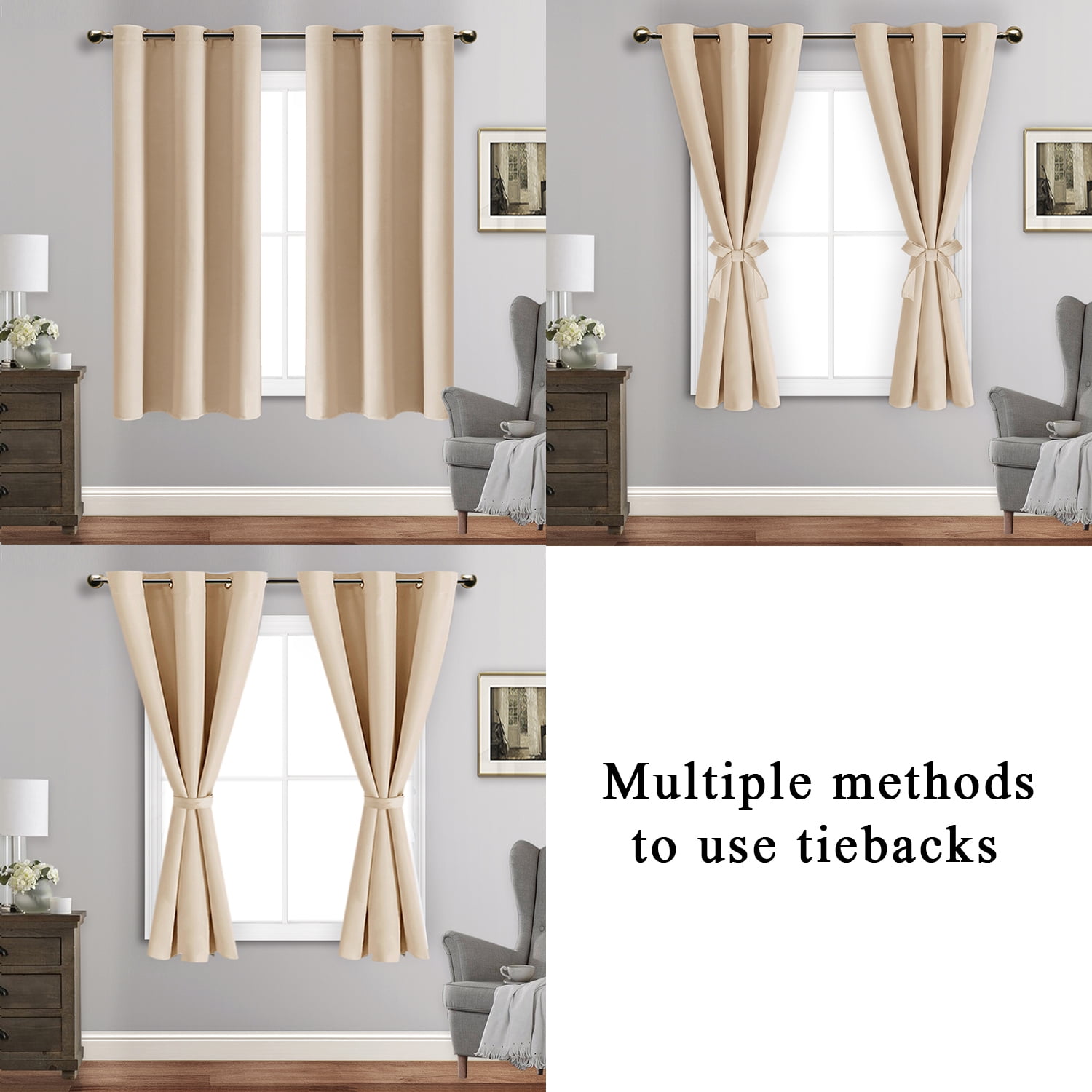 JIUZHEN Blackout curtains for Bedroom with Tiebacks - Room Darkening Privacy Grommet Top Window Curtains for Living Room, 38 x 54 inch Length, Beige, Set of 2