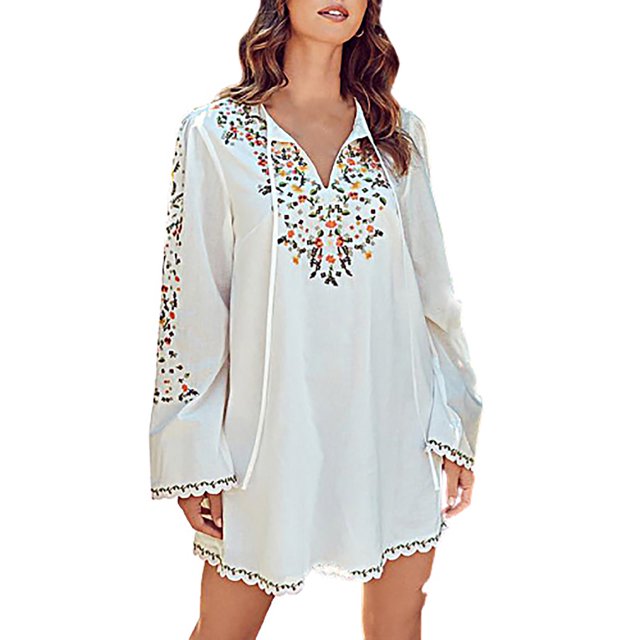 Fankiway Robe à Manches Longues pour Femmes Col en V Imprimé Taille Haute Robe Maxi Décontractée
