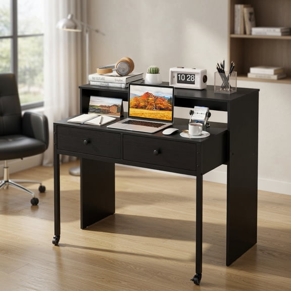 Resenkos Extendable Computer Desk with 2 Storage Drawers, Convertible Mobile Study Writing Desk for Home, Office, Black