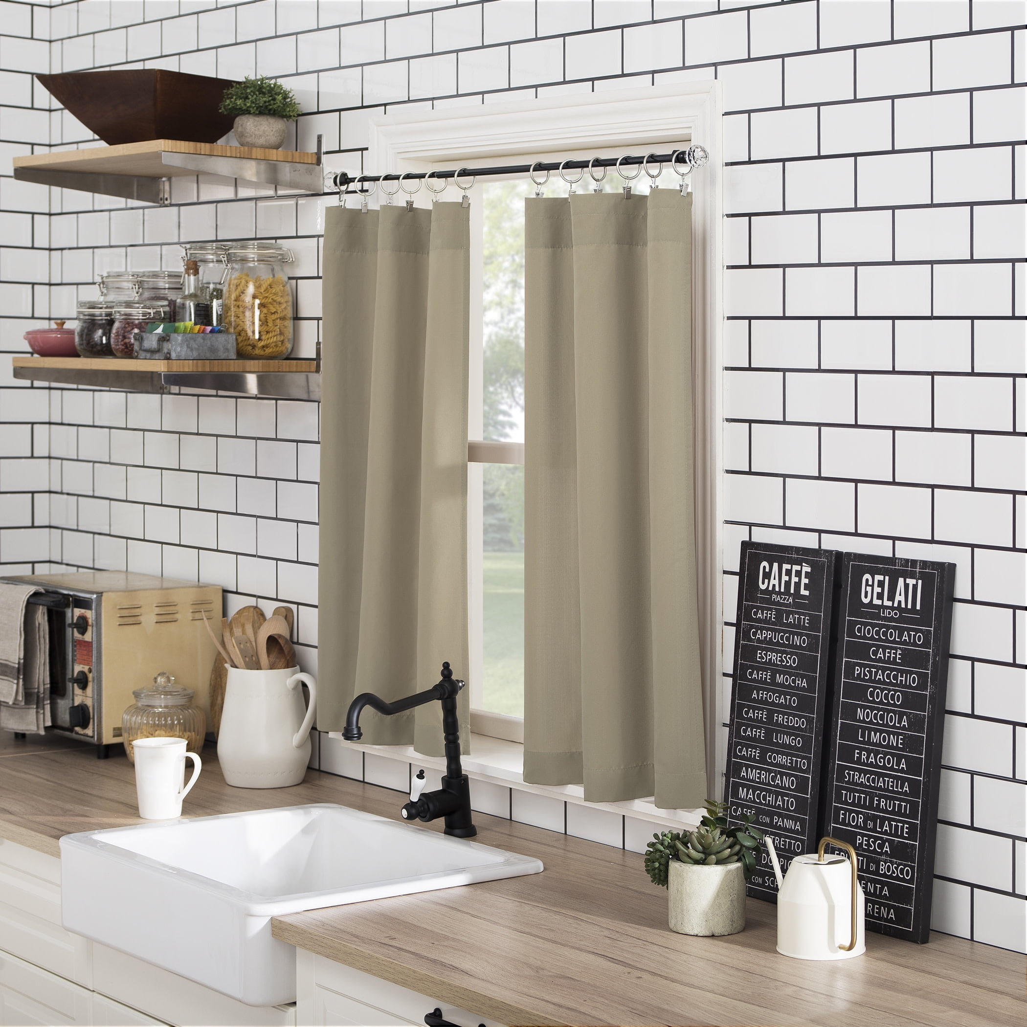 Mainstays 3-Piece Semi Sheer Rod Pocket Kitchen Window Tier Pair and Valance, 2 Café Curtains and 1 Curtain Valance, Taupe, 54"W x 36"L