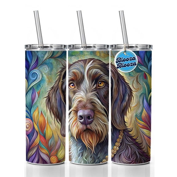 German Wirehaired Pointer Dog Bohemian Art 20oz Insulated Water Bottle Skinny Tumbler Includes Straw