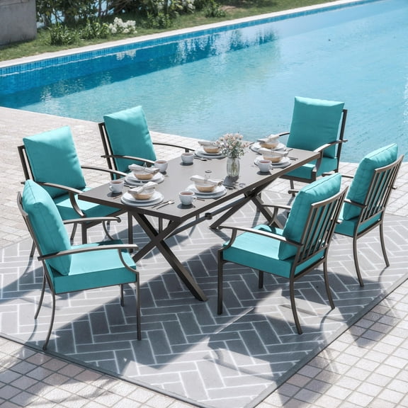 ALAULM 7-Piece Outdoor Patio Dining Set with Rectangle Metal Table and Chairs, Blue