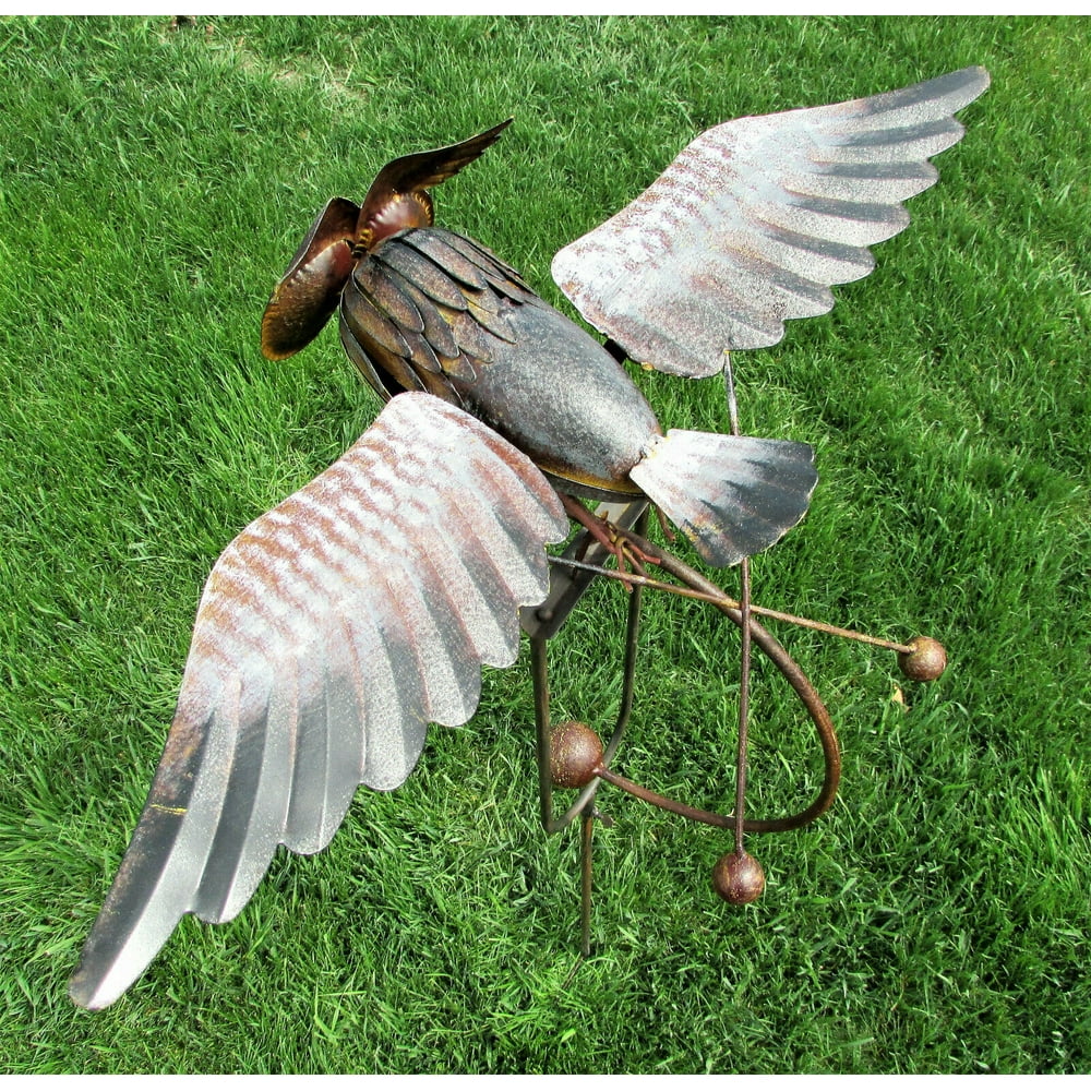Wing Flapping Metal Brown Grey Owl Yard Stake Rocking Wind