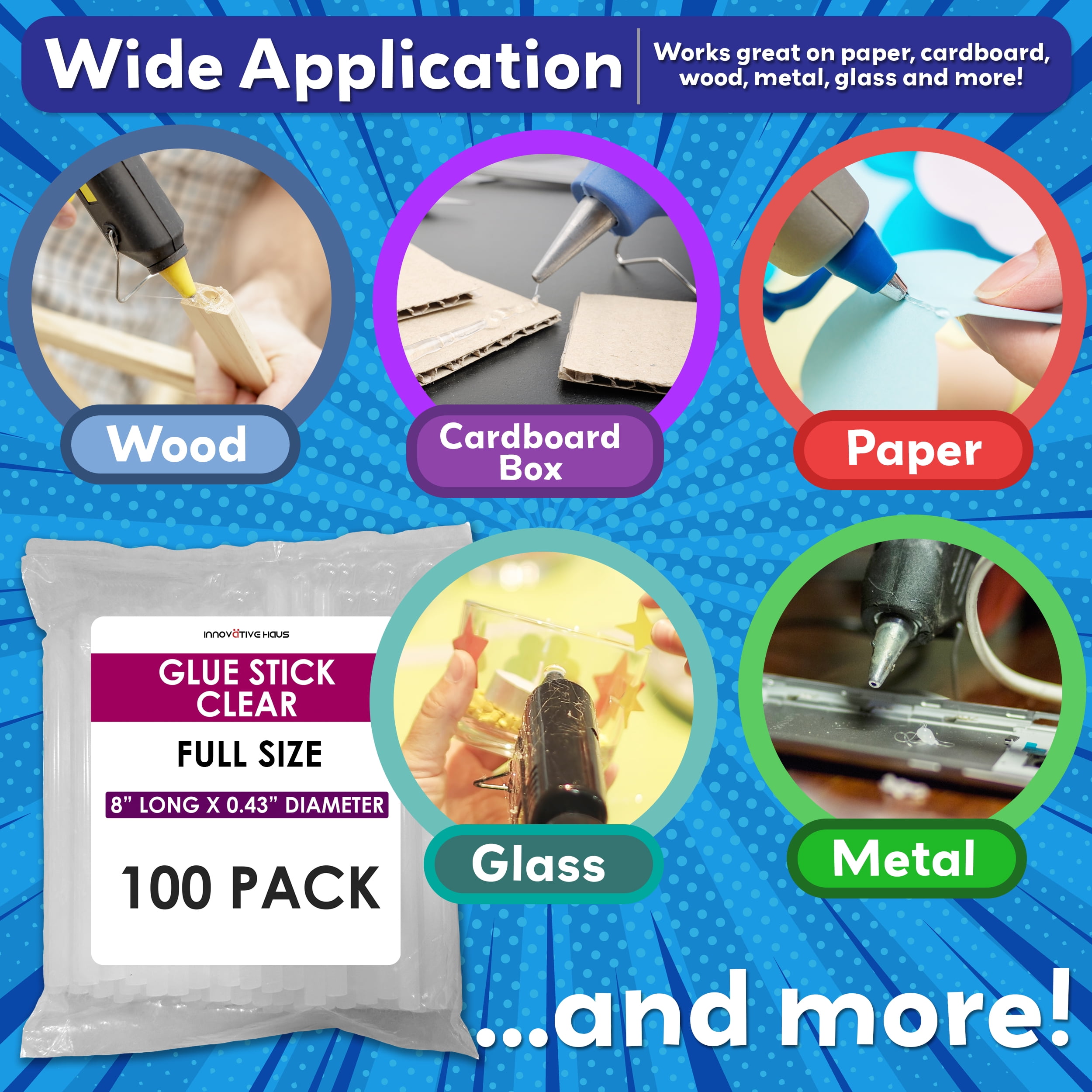 Innovative Haus Full Size Hot Glue Sticks Bulk - Fits Full Size Glue Guns, 8" x 0.43" - Hot Glue Sticks Large. Craft, Bond, Create on Wood, Metal, Glass & More - Clear Large Glue Stick- 100 Pack