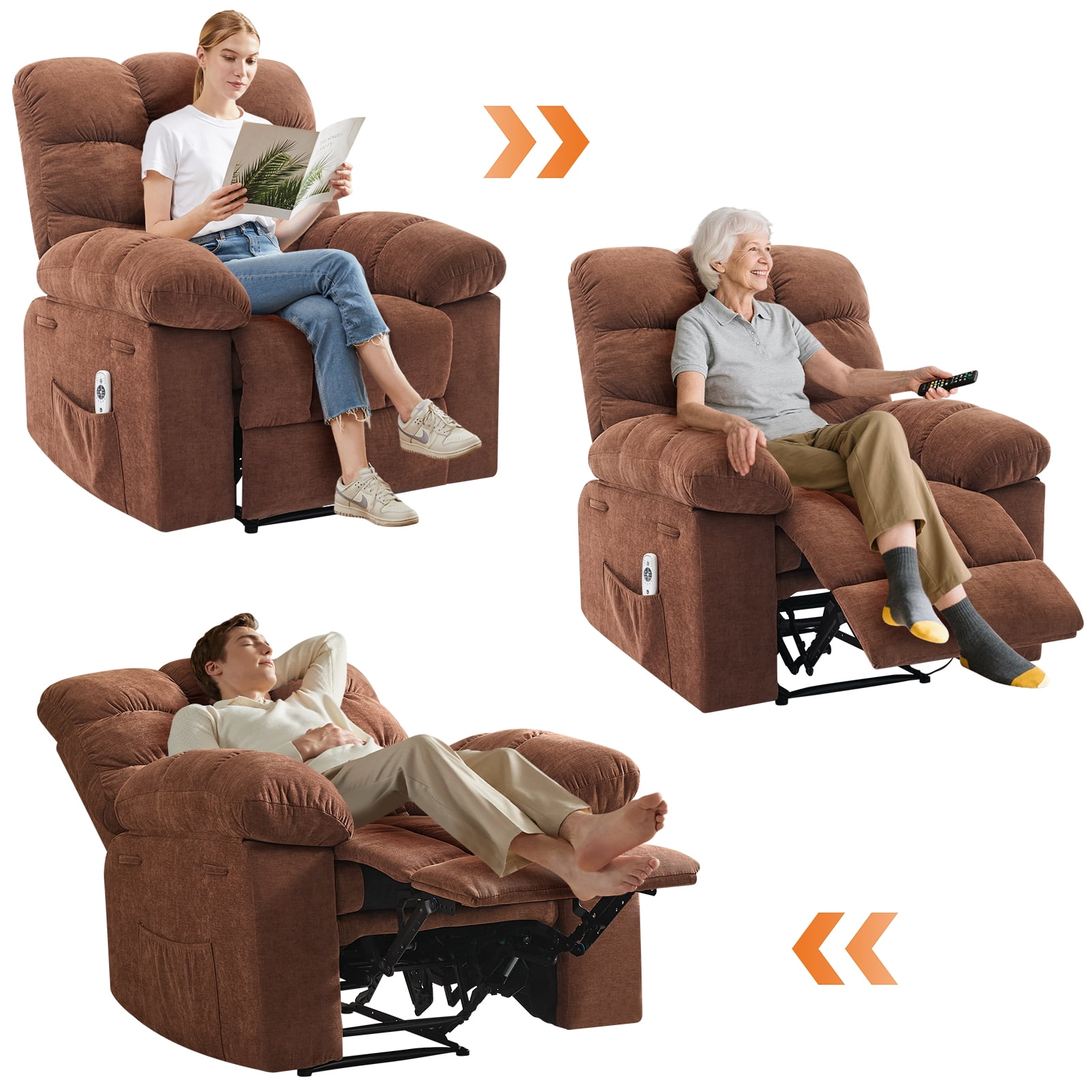 Recliner Chair for Adult, Recliner with Massage&Heating, Manual Recliners, Upholstery Overstuffed Soft Rocking Sofa Chair, Brown