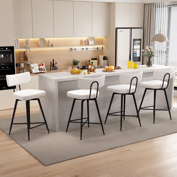 HomeZeer Swivel Bar Stools Set of 4, 26" Counter Height BarStool with Back, Leather Upholstered Kitchen Stools with Footrest and Metal Frame, Bar Chair for Kitchen Island, White