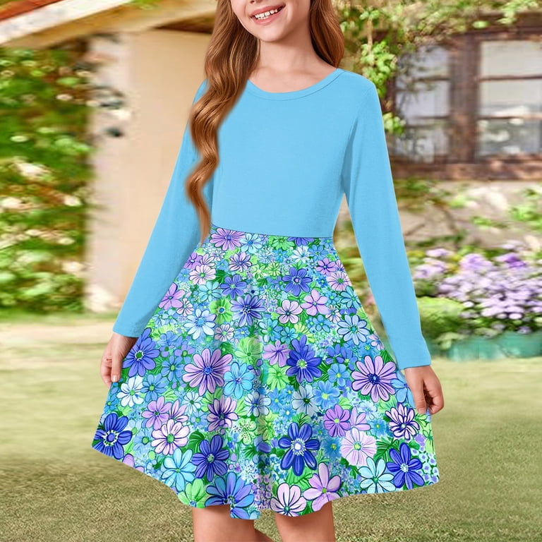 Abcomgle Long Sleeve Dress for Girls 10-12 Casual A-Line Fall Girls T-Shirt  Dresses Floral Print Crew Neck Girls Skater Dress Loose Swing Dresses for  4-14t Kids 9-10 Years,Blue - Walmart.com