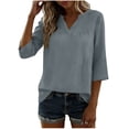 thumbnail image 3 of LangJing 3/4 Length Sleeve Womens Tops Summer Dressy Casual V Neck Blouses 2026 Loose Fit Linen Cotton T-Shirts Gray,XL, 3 of 7