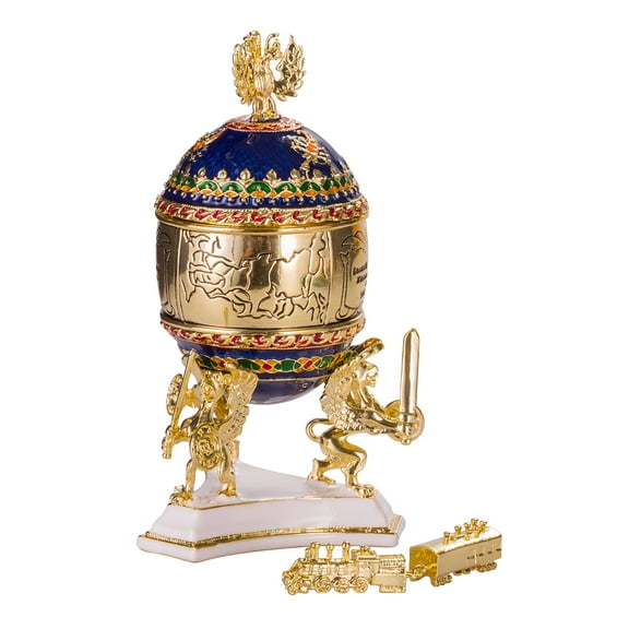 danila-souvenirs Faberge style Trans-Siberian Railway Egg / Trinket Jewel Box with Train 5'' (12.5 cm) blue