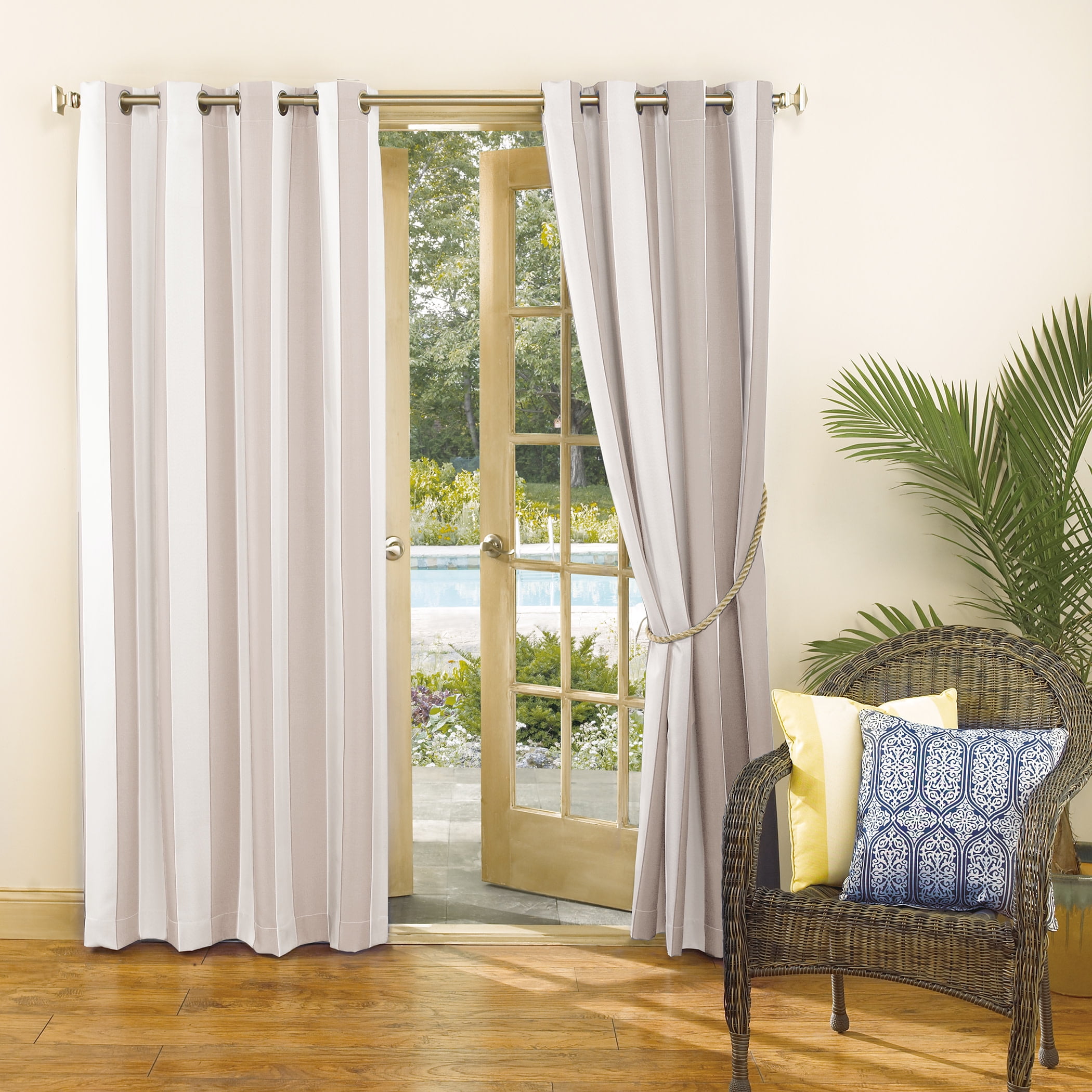 Sun Zero Valencia Cabana Stripe Indoor/Outdoor Uv Protectant Room Darkening Grommet Curtain Panel, 54"X84", Khaki, 54"X84", Khaki/Stripe