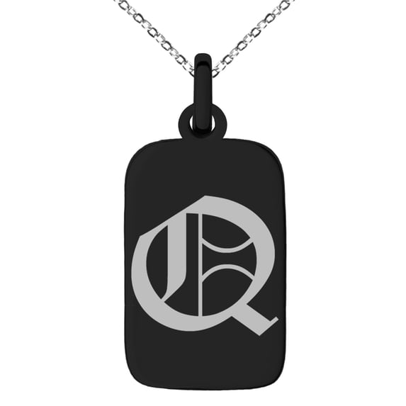 Stainless Steel Letter Q Initial Old English Monogram Engraved Small Rectangle Dog Tag Charm Pendant Necklace