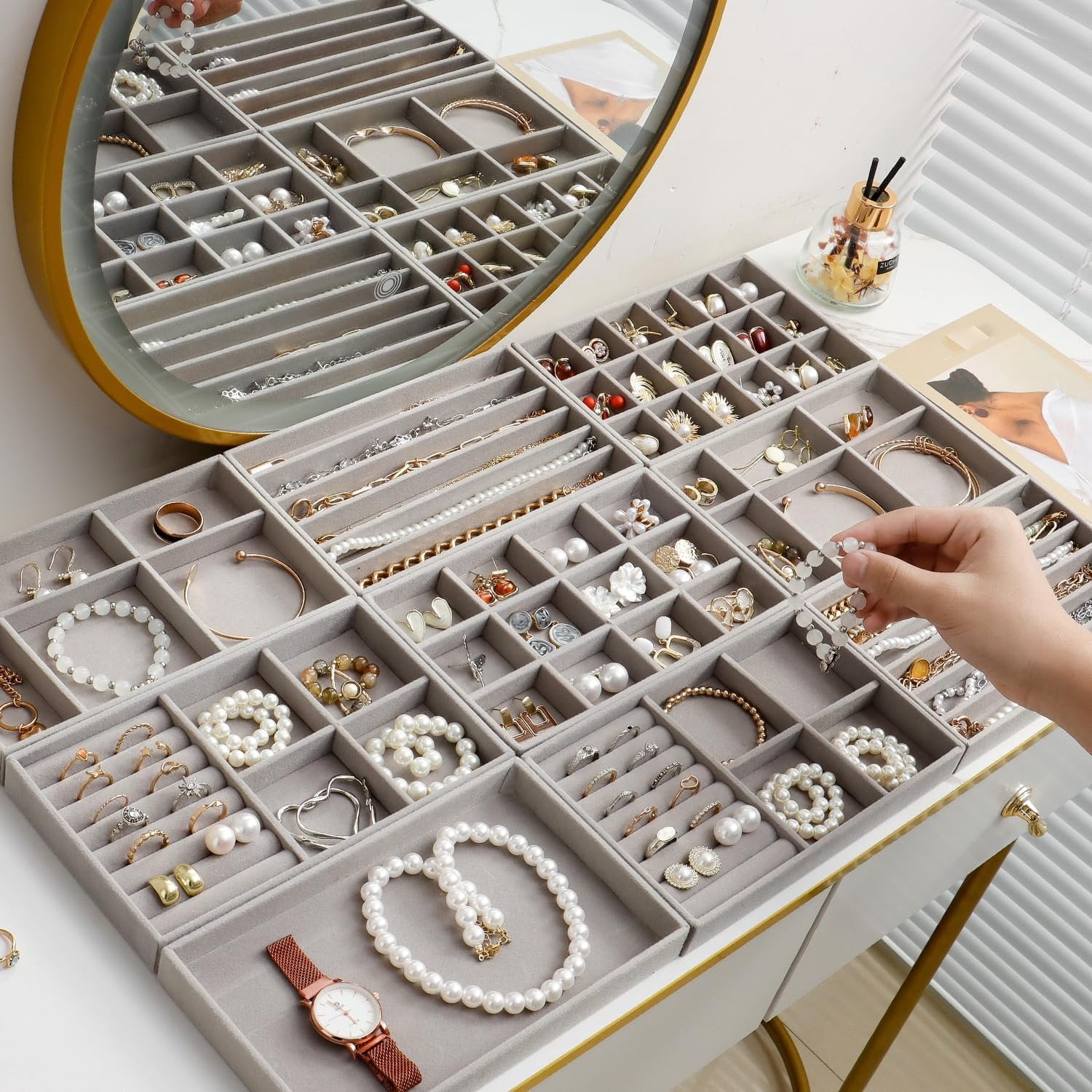 Stackable  Organizer Trays Set of 9, Small   Organizers Earring Necklace Ring Bracelet Display Case Storage for Drawer Dresser (Grey)