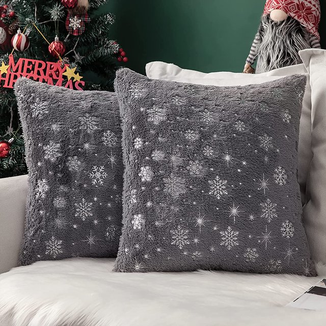 CHAO 2 Piezas Fundas de Cojines (45x45CM Gris) Piel Sintética Navideña Poliéster Suave Decorativos Patrones de Copos de Nieve Brillantes Decoración Moderna para Sala de Estar Oficina Sofá