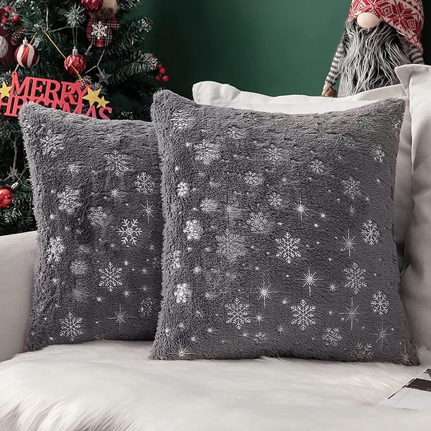 CHAO 2 Piezas Fundas de Cojines (45x45CM Gris) Piel Sintética Navideña Poliéster Suave Decorativos Patrones de Copos de Nieve Brillantes Decoración Moderna para Sala de Estar Oficina Sofá