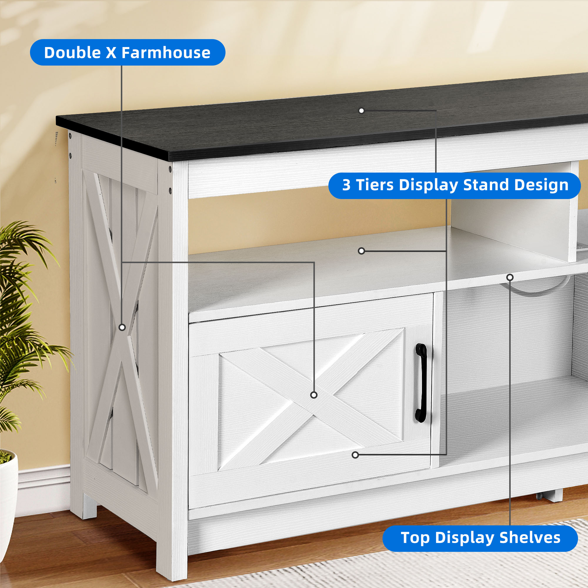 Dextrus Farmhouse TV Stand for 65" TV, White/Black photo 4