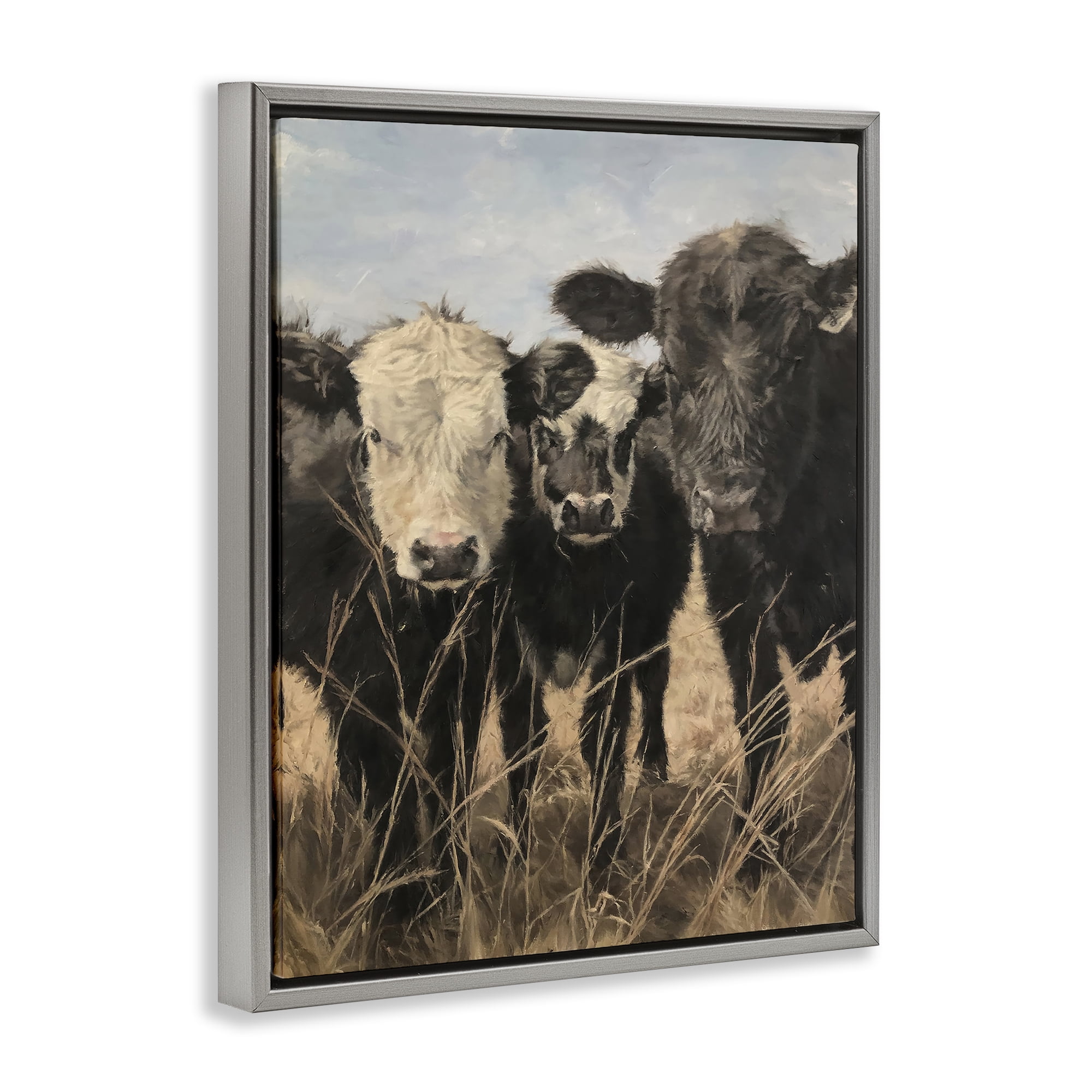 Stupell Industries All In Cow Family Animals Painting Gray Floater Framed Canvas Art Print Wall Art, 17 x 21