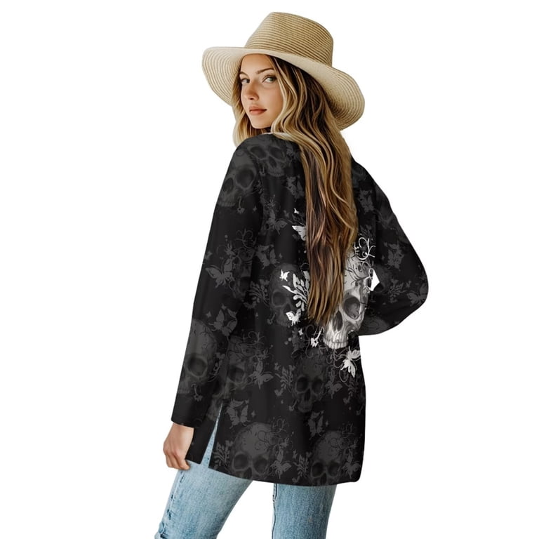 Psesaysky Womens Black Skull White Butterfly Cardigan Sweaters