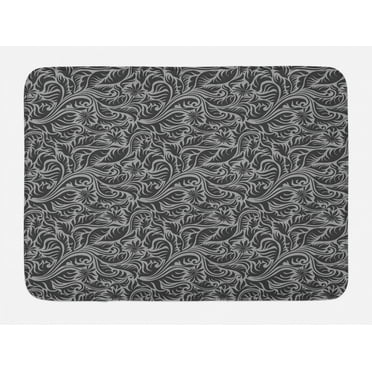 Black and Grey Bath Mat, Pattern with Fern Leaves and Big Flowers Abstract Scroll Garden Art, Non-Slip Plush Mat Bathroom Kitchen Laundry Room Decor, 29.5 X 17.5 Inches, Black and Grey, Ambesonne