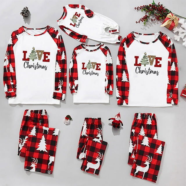 Penkiiy Pyjamas de Noël Famille Assortis Ensembles Parent-Enfant Ensemble de Noël Chaud Pyjamas d'Intérieur Imprimés Ensemble Deux Pièces Maman Ensemble Rouge-A Pyjamas de Noël